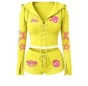 Ensemble deux pièces pour femmes, vêtements d'été au-dessus du genou, broderie personnalisée du logo de la marque, veste et short en coton 100%, survêtements pour femmes - Product Image 2