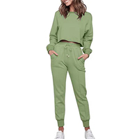 Setelan atasan crop top hijau polos dan celana jogger wanita, setelan olahraga kasual lengan panjang, kerah kru, tali serut, saku samping, 100% katun