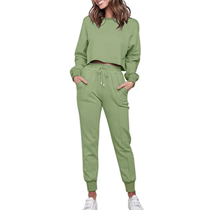 Women Solid Green <b>Crop</b> Top and <b>Jogger</b> Pants Set CasualTracksuit Full Sleeve Crew Neck Drawstring Side Pockets 100% Cotton - Product Image 1