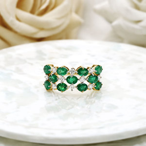 Anillo de Oro Amarillo Sólido de 14K con Esmeralda Verde Ovalada y Racimo de Diamantes, Anillo Ancho de Joyería Fina, Anillos de Piedras Preciosas al por Mayor para Mujeres, Bodas y Fiestas - Product Image 2