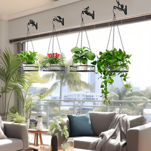 Porte-plante suspendu rond en métal avec base décorative et longue chaîne de suspension, pot de fleurs d'intérieur et d'extérieur pour balcon - Product Image 3