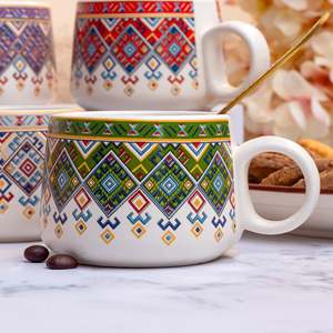 Alluring Japandi Style Glazed <b>Ceramic</b> Tea Cup Set of 6 400ml Capacity Microwave Safe Saucers <b>Lids</b> Featuring Unique Pattern Logo - Product Image 4