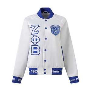 Veste bomber en satin blanc Zeta Phi Beta avec doublure en ruban personnalisée, veste varsity pour femmes, sororité grecque, streetwear élégant, manteau tendance - Product Image 1