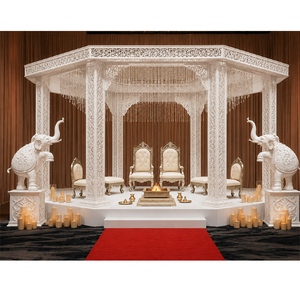 Décor de scène de mariage de luxe blanc, mandap métallique moderne avec statue d'éléphant, mandap hexagonal découpé au laser pour mariage. - Product Image 1