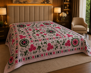 Handmade Embroidered Organic Cotton Suzani Vintage All-Season <b>Bed</b> <b>Sheets</b> King/<b>Queen</b> Size Luxury Home & Hotel Use Wedding Gift - Product Image 1