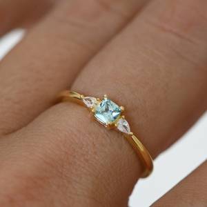 Aquamarine Dainty <b>Ring</b> 925 Sterling Silver 14K Gold Plated Minimalist <b>Thin</b> March Birthstone <b>Ring</b> Gift For Her Women - Product Image 6
