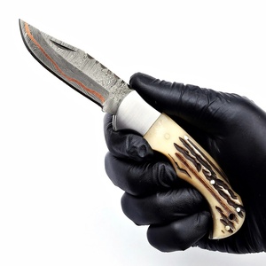 Couteau de poche pliant artisanal en acier Damas cuivré, manche en bois de cerf, étui en cuir, couteau de survie et de chasse pour l'extérieur - Product Image 4