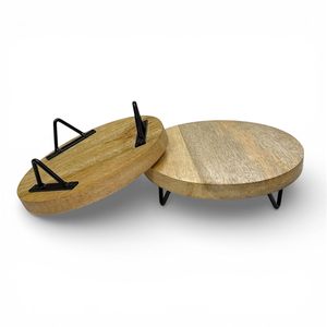 เขียงไม้ทรงกลมหนาแบบร่วมสมัย – ถาดวางอาหารแบบมีขาโลหะ - Product Image 4