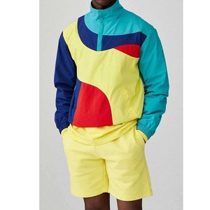 Men's Color Blocking Sporty Windbreaker Jacket And <b>Shorts</b> Set Stand Collar Breathable <b>Polyester</b> Summer Outerwear - Product Image 1