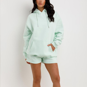 Conjunto de Sudadera con Capucha y Pantalones Cortos Extra Grandes para Mujer, Color Sólido, Felpa de Algodón, Dos Piezas, Ropa Casual para Estar en Casa, Estilo Otoñal - Product Image 5