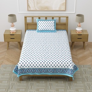 Heritage <b>Single</b> Cotton <b>Bedsheet</b> Blue Buti Hand Block Print with Floral Border and Pillow Cover for Home Hotel - Product Image 2