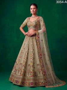 Beige Floral Print Embroidered Georgette <b>Lehenga</b> Choli Dupatta Floor Length Bridal Wear 3054-A V-Neck Sleeveless A-Line Classic - Product Image 1