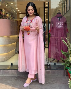 Best Selling Women's Pink Color Chanderi Silk Embroidery <b>Kurti</b> with Chanderi Silk Pant Organza Dupatta Set - Product Image 3
