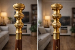 Canne en bois antique avec poignée en laiton - Bâton de marche vintage avec incrustations décoratives KULSOOM - Product Image 2