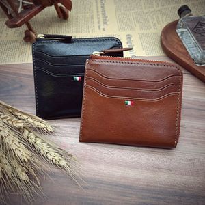[Hot Item]Castello Italian Vegetable Tanned Leather Minimalist Unisex L-Shape YKK Zipper Card <b>Wallet</b> Flag Embroidery Black Brown - Product Image 6