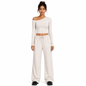 Conjunto de Yoga para Mujer, Top Corto de un Hombro, Pantalones Anchos, Manga Larga, Ropa Deportiva para Pilates, Transpirable, Spandex y Algodón, 2 Piezas - Product Image 1