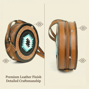 Bolso Bandolera Redondo Estilo Canteen Occidental con Diseño de Alfombra Azteca en Cuero |   Bolso de Hombro Estilo Boho Color Turquesa |   Bolso Tote Chic de Moda para Mujer - Product Image 6