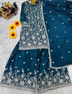 <b>Presenting</b> New Collection Modern Party Heavy Embroidery Chinnon Silk Top Bottom and Dupatta Set - Product Image 6
