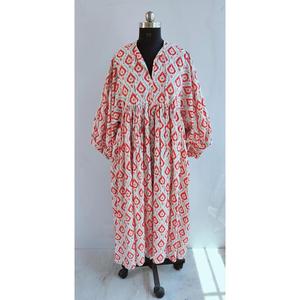 Vestido midi bohemio de algodón con estampado floral blanco y rojo, mangas abullonadas, corte holgado y cuello con lazo, vestido de verano para mujer. - Product Image 1