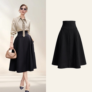Jupe midi évasée noire élégante pour femme, taille haute, style décontracté ou professionnel, fabrication ODM/OEM sur mesure, RYAN - Product Image 1