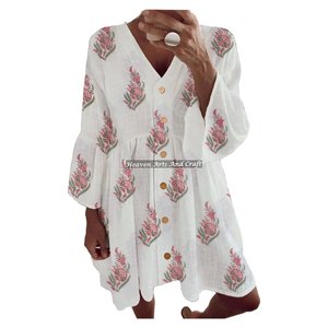 Vestido túnica de algodón con estampado de bloques, estilo bohemio étnico, para mujer, ideal para primavera y verano, ropa india de verano. - Product Image 1