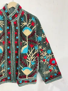 Vintage Style Sage <b>Velvet</b> <b>Jacket</b> with Heavy Floral Embroidery <b>Women</b> Ethnic Boho Outerwear - Product Image 2