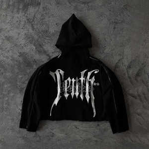 Sweat à capuche streetwear oversize personnalisé avec logo, pour hommes et femmes, imprimé graphique gothique, noir, coupe courte, vente en gros - Product Image 5
