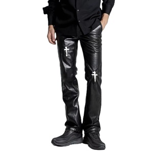 Pantalones de Cuero Negros para Hombre con Bordado de Cruz Blanca, Estilo Gótico, Cintura Alta, Cierre de Cremallera, Corte Regular, para Otoño - Product Image 4
