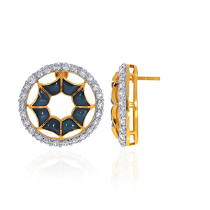 14K Yellow Gold <b>Blue</b> Enamel Geometric Halo <b>Stud</b> <b>Earrings</b> Round Lab Grown Diamond Contemporary Designer Fine Jewelry for Women - Product Image 3