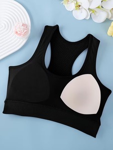 Women's Seamless Racerback Sports Bra | <b>Mesh</b> Back Ventilation Workout <b>Crop</b> <b>Top</b> | Nylon Spandex Padded Gym Bra Solid Black - Product Image 3