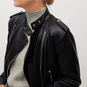 Women's PU Leather Moto Jacket Stand Collar Zipper Closure Full Sleeve Solid Color Regular Fit Autumn Style - Product Image 3