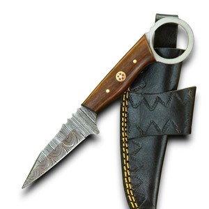 Cuchillo utilitario de hoja fija de 8 pulgadas de acero de Damasco hecho a mano con orificio para el dedo, mango ergonómico de palisandro, funda de cuero y madera, cuchillos EDC OEM - Product Image 1