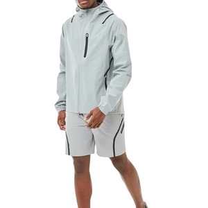 <b>Men</b> Lightweight Waterproof Hooded Sport <b>Jacket</b> With Shorts Set Full Sleeve Zipper Solid Gray <b>Summer</b> Outdoor Wear - Product Image 2
