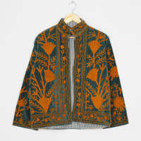 Veste matelassée en velours tricoté pour femmes, col rond, manches régulières, style bohème floral, hiver automne, motif Suzani fait main