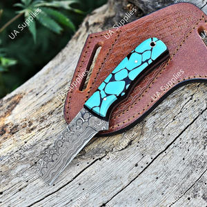 Couteau de chasse et de camping à lame fixe style cowboy, en acier Damas, avec logo personnalisé OEM, fourreau en résine et cuir, fabrication artisanale DIY - Product Image 4