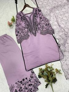 Conjunto de 3 piezas de kurta y palazzo rectos en morado lavanda, estilo indio-pakistaní, informal, para fiestas, de algodón, salwar kameez. - Product Image 5