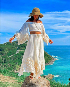 Women's Solid Off-Shoulder Ruffled Two-Piece Skater Dress Set Cotton Blend Sleeveless Short Top Full-Length <b>Skirt</b> Summer Beach - Product Image 4