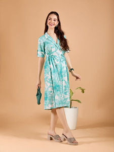 เดรสผ้าจอร์เจตต์ซักได้ เป็นมิตรกับสิ่งแวดล้อม น้ำหนักเบา สวมใส่สบาย ทรงเอวธรรมชาติ ความยาวปานกลาง ทำมือ สไตล์โบฮีเมียน เหมาะสำหรับงานปาร์ตี้ริมชายหาด ลายพิมพ์บล็อก - Product Image 4