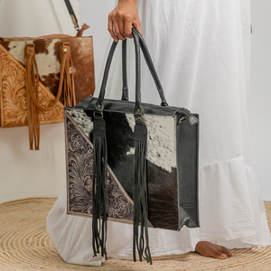 Hottest Selling Cowhide Fur Leather Fringe <b>Bag</b> Women Tooled Carving Floral Pattern Handbag <b>Boho</b> Style Leather Shoulder <b>Bag</b> - Product Image 4