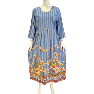 Robe midi décontractée pour femmes, bleu rayé, imprimé floral, manches trois quarts, col carré, coupe ample, coton respirant, tenue de tous les jours - Product Image 1