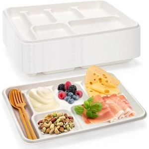 Barquette alimentaire jetable à 6 compartiments en bagasse, biodégradable et compatible micro-ondes, idéale pour les buffets, la restauration et l'extérieur – Meilleures ventes - Product Image 1