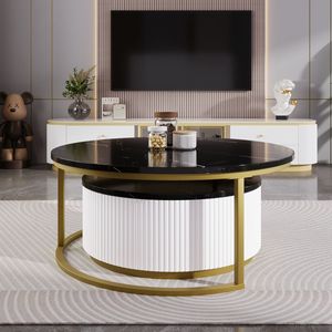 Tavolino da Caffè Moderno Rotondo con Cassetto, Nero e Oro Scanalato, 27,6 Pollici - Product Image 2
