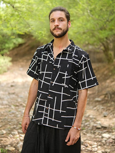 Men <b>Black</b> Hand block Printed Cotton Resort <b>Shirt</b> Casual Summer Button-Down Cuban Collar Half Sleeve <b>Beach</b> Wear Top - Product Image 3
