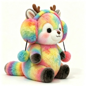 Orejeras de pompón personalizadas con diseño de ciervo de peluche, suaves orejeras de pompón de ciervo de peluche con efecto tie-dye arcoíris, temática de bosque arcoíris - Product Image 4