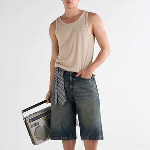 Shorts de Mezclilla para Hombre, Estilo Juvenil a la Moda, con Detalles Desgastados, Cierre con Cordón, Cintura Alta, Transpirables, 100% Algodón, Ecológicos - Product Image 1