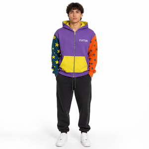 Custom Color Block Full Zip Hoodie Star Print Contrast Sleeve Fleece Streetwear Hoodies OEM ODM Private <b>Label</b> Wholesale Supplier - Product Image 4