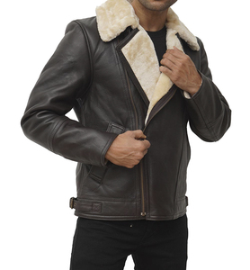 Veste de moto en cuir véritable pour homme, col rabattable, fermeture éclair, style motard hiver, coupe ajustée, doublure Sherpa écologique - Product Image 5