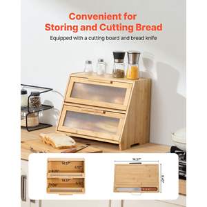 Large Capacity Double-Layer Bamboo Bread <b>Storage</b> <b>Container</b> Wavy <b>Acrylic</b> Door Panel Kitchen Counter Wooden Breadbox Holder Bin - Product Image 3