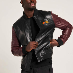 Wholesale <b>Men's</b> Black PU Leather <b>Bomber</b> <b>Jacket</b> With Burgundy Sleeves Embroidered Logo Turn-down Collar Regular Fit Autumn Wear - Product Image 4