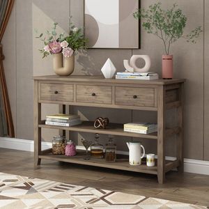 Wash Gray Console Table with <b>Wood</b> <b>Frame</b> and Legs 3 Drawers and 2 Open Shelves <b>for</b> Entryway or <b>Sofa</b> Table - Product Image 6